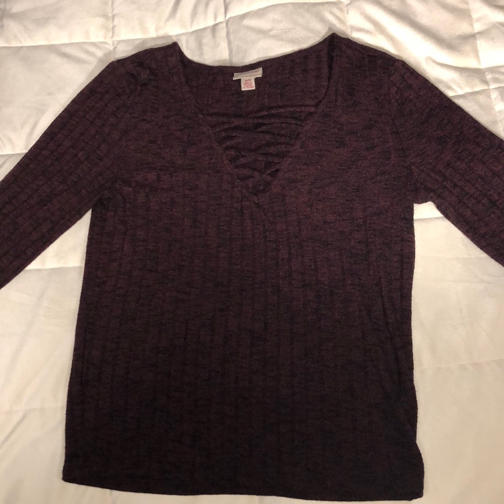 Cropped Burgundy Criss Cross Long Sleeved Top